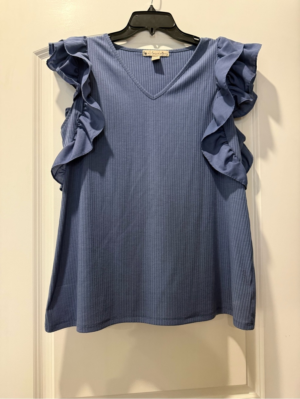 Ruffled Sleeve V-Neck Tank Top in Dusty Blue
